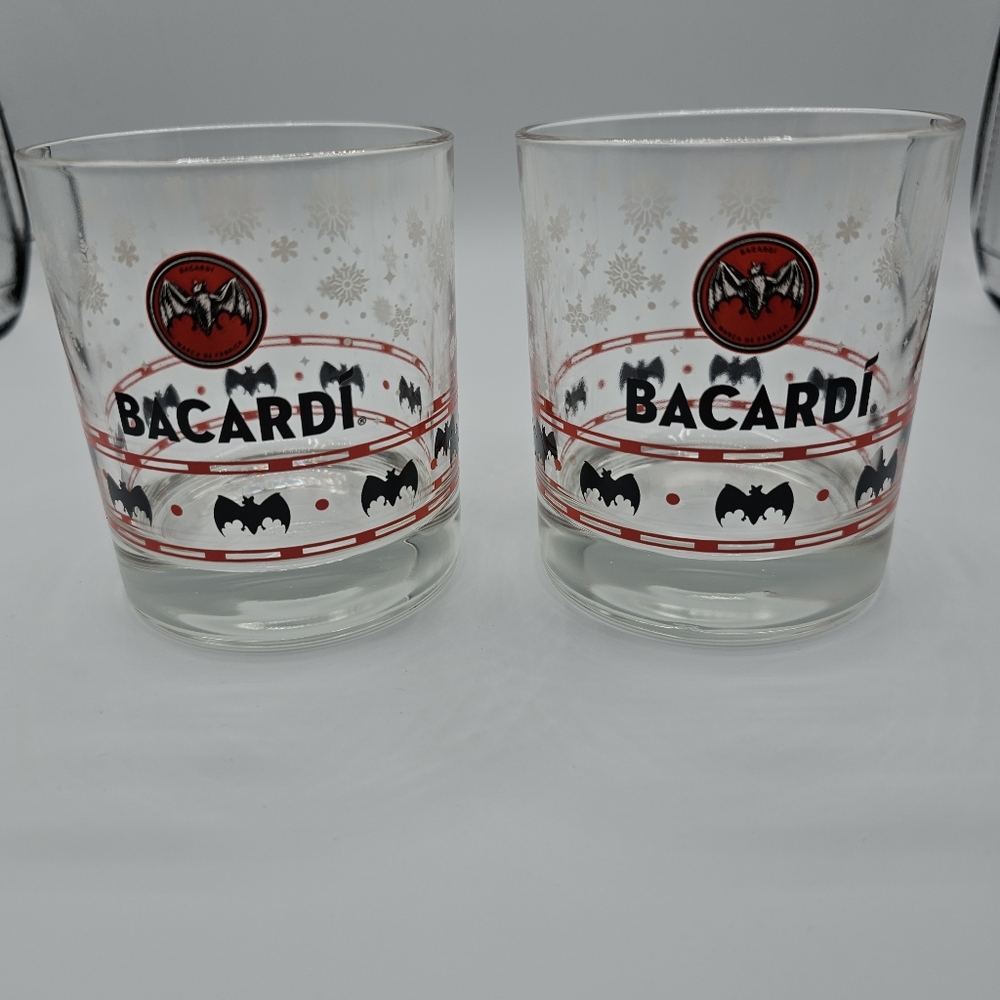 Bacardi Low Ball Glasses with boxes - 2 Glasses with Bats and Snowflakes.
